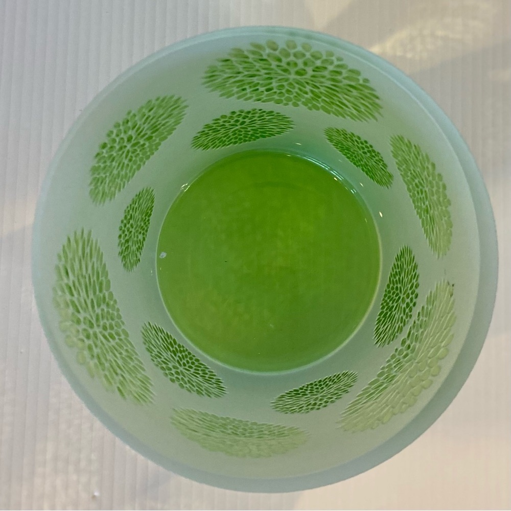 Chrysanthemum Etched Lime Frosted Glass Vase 6” Tall - Picture 4 of 8